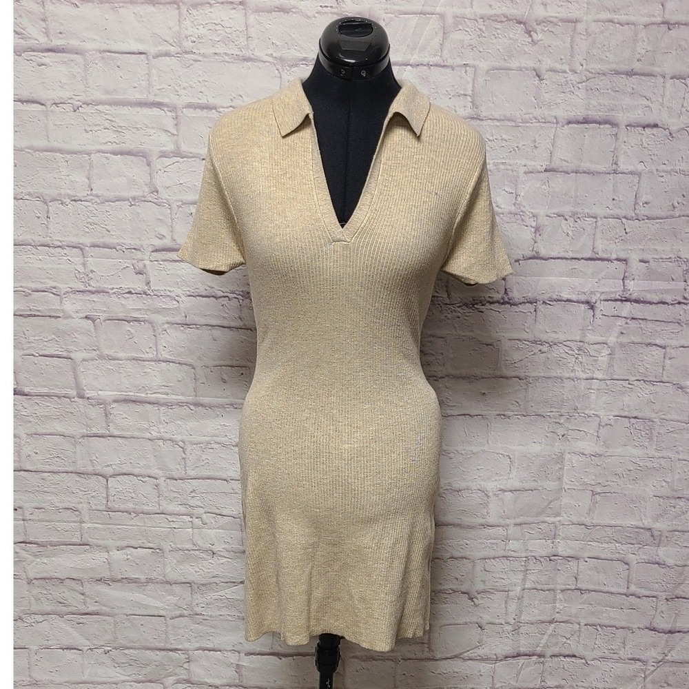 Elan Women's Ribbed Knit Polo Dress Short Sleeve V-Neck Beige XL NEW